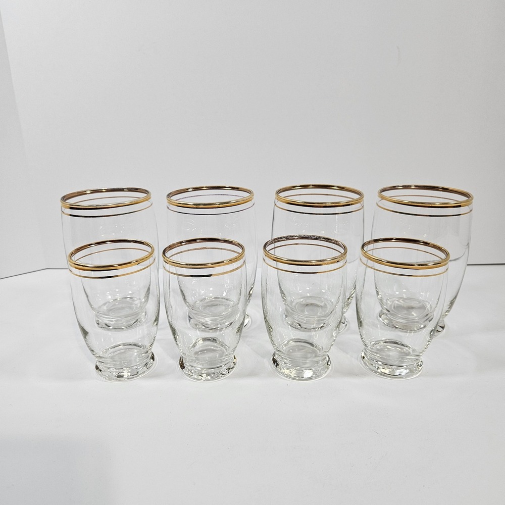 Vintage Anchor Hocking Gold‎ Edge & Hairline Drinking and Juice Glasses Set of 8
